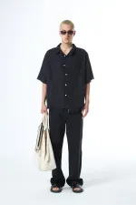 Dikişsiz Kısa Kol Cepsiz Oversize Keten Gömlek Siyah