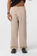 Yıkamalı Gabardin Baggy Pantolon Bej