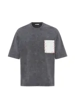 Yıkamalı Cep Detaylı Oversize Tişört Füme