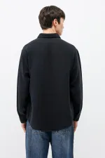 Dokulu Pamuklu Oversize Gömlek Siyah