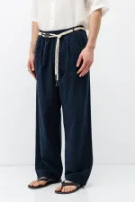 Oversize Linen Trousers with Belt Detail, Navy Blue