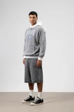 Oversize Baskılı Kapüşonlu Sweatshirt Gri