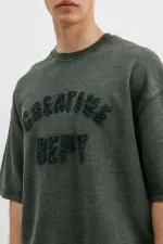 Yıkamalı Yazı Baskılı Oversize Tişört Nefti