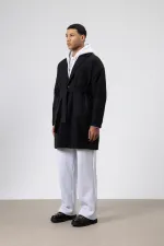 Kemerli Oversize Kaşe Kaban Siyah