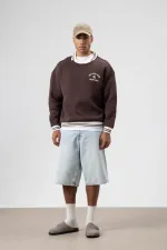 Oversize Yaka Nakış Detaylı Sweatshirt Kahve