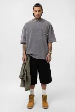 Yıkamalı Cep Detaylı Oversize Tişört Açık Füme