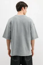 Yıkamalı Yazı Baskılı Oversize Tişört Gri