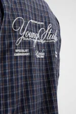 Oversize Kareli Arka Baskılı Uzun Kol Gömlek Lacivert-Kahve