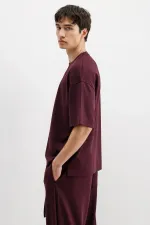 Fitilli Dokulu Oversize Tişört Mürdüm