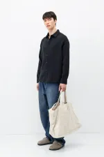 Dokulu Pamuklu Oversize Gömlek Siyah