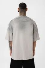 Yıkamalı Yazı Detaylı Oversize Tişört Gri