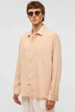 Oversize Çizgili Uzun Kol Gömlek Bej