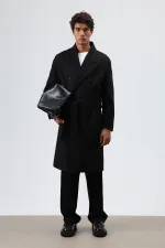 Oversize Kruvaze Kaşe Kaban Siyah