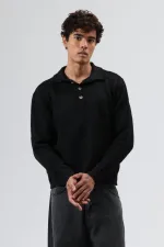 Pull en maille douce texturée à col polo noir