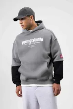 Oversize Baskılı Kapüşonlu Sweatshirt Füme