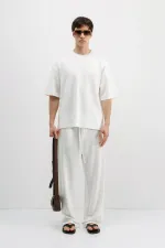 Fitilli Dokulu Oversize Tişört Ekru