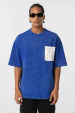 Yıkamalı Cep Detaylı Oversize Tişört Saks