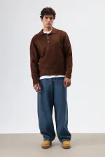 Pull en maille douce texturée à col polo, marron