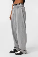 Yıkamalı Bel Detaylı Baggy Eşofman Alt Gri