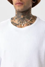 Arka Yazı Baskılı Oversize Triko Tişört Beyaz