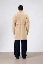 Kemerli Oversize Kaşe Kaban Bej