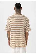 Çizgili Oversize Triko Tişört Camel