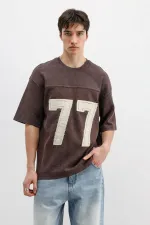 Numara Baskılı Oversize Tişört Kahve