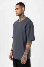 Arka Yazı Baskılı Oversize Triko Tişört Füme