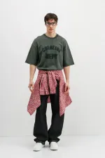 Yıkamalı Yazı Baskılı Oversize Tişört Nefti