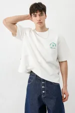 Kısa Kollu Boxy Fit Baskılı Tişört Ekru