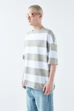 Digitally Printed Striped 100% Cotton Oversize T-Shirt, Khaki