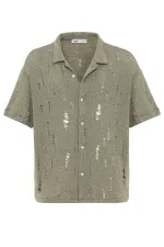 Oversize Deliklı Triko Gömlek Haki