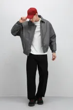 Oversize Deri Bomber Ceket Gri