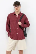Dokulu Keten Görünümlü Oversize Gömlek Bordo