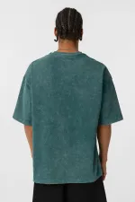 Yıkamalı Oversize Baskılı Tişört Petrol