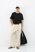 Kemer Detaylı Oversize Keten Pantolon Naturel