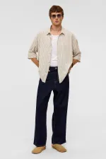 Oversize Çizgili Kısa Kollu Keten Gömlek İndigo