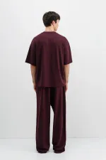 Fitilli Dokulu Oversize Tişört Mürdüm