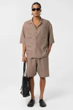 Double Pocket Oversize Linen Shirt, Mink