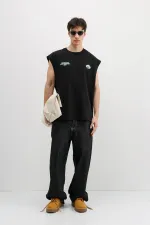 Oversize Baskılı Kolsuz Tişört Siyah