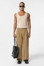 Baggy Fit Pileli Kumaş Pantolon Haki