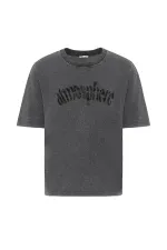 Yıkamalı Oversize Baskılı Tişört Siyah