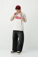 Yıkamalı Baskılı Oversize Tişört Açık Gri