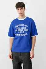 Baskılı Bisiklet Yaka Oversize Tişört Saks