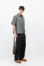 Checked Short-Sleeved Oversize Shirt, Khaki