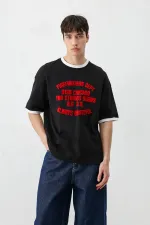 Baskılı Bisiklet Yaka Oversize Tişört Siyah