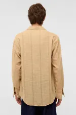 Chemise oversize rayée à manches longues en lin, couleur vison