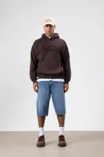 Oversize Baskılı Kapüşonlu Sweatshirt Kahve