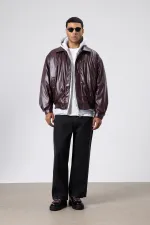 Veste oversize basique en similicuir bordeaux