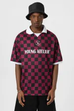Oversize Polo Collar Jersey T-Shirt BURGUNDY/BLACK